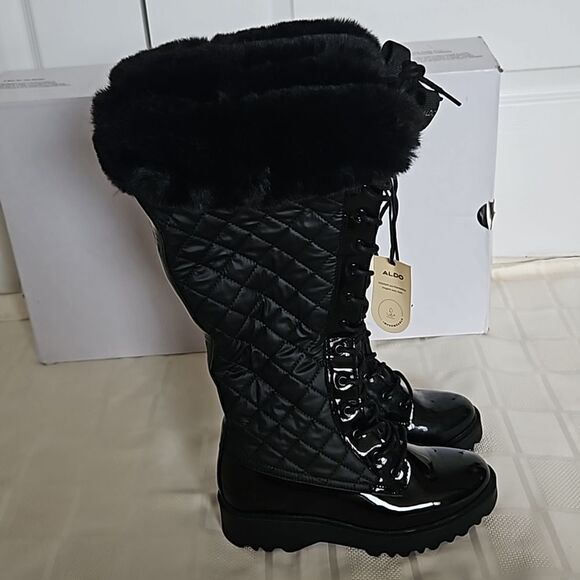 Aldo Women's Laralima Tall Quilted Lace-Up Faux Fur Trim Waterproof Boots 6 Blac - Picture 2 of 16